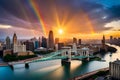 A vibrant rainbow arching over a bustling urban skyline