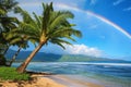 A vibrant rainbow arching over a sandy beach with swaying palm trees against a clear blue sky, A tropical surfing scene with palm Royalty Free Stock Photo