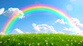 Vibrant Rainbow Arcing Across a Sunny Sky Over a Lush Green Meadow. Nature's Beauty Captured. Perfect for Royalty Free Stock Photo