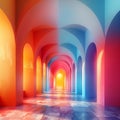 A vibrant, rainbow-colored Archway corridor with repeating arches creates a perspective view that draws the eye forward