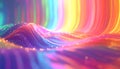 Vibrant rainbow colored wavy light trails with sparkling particles and bokeh effects creating an abstract landscape Royalty Free Stock Photo