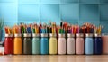 A vibrant rainbow of colors arranged on a wooden table generated by AI