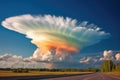 vibrant rainbow emerging from behind an unusual cloud formation