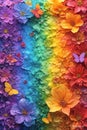 A vibrant rainbow gradient background framed by an array of colorful flowers and fluttering butterflies