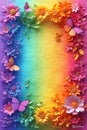 A vibrant rainbow gradient background framed by an array of colorful flowers and fluttering butterflies