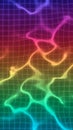 Vibrant rainbow grid pattern with undulating neon light waves creating a psychedelic and futuristic visual effect Keywords: Royalty Free Stock Photo