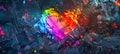A vibrant rainbow heart explodes on a canvas of deep blue, creating a beautiful and abstract work of art