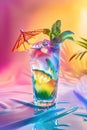 Vibrant Rainbow Layered Cocktail with Ice and Umbrella Decoration
