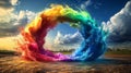 Vibrant Rainbow Paint Splash Circle Against Cloudy Sky Royalty Free Stock Photo