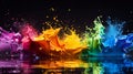 Vibrant rainbow paint splashes explode against a dark background. The colors are rich and dynamic, creating a visually exciting