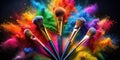 Vibrant rainbow powder explosion with makeup brushes arranged in a fan shape. Generative AI Royalty Free Stock Photo