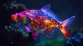 A vibrant rainbowcolored fish glows in the darkness its body adorned with dazzling lights that illuminate the