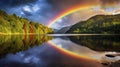 Vibrant rainbows after rain, featuring colorful arcs against mountains or reflective lakes. Generative AI