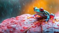Vibrant rainforest frog on a wet leaf during a shower Royalty Free Stock Photo