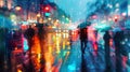 Vibrant rainy night city scene blurred silhouettes navigating a busy intersection with reflections Royalty Free Stock Photo