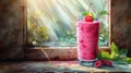 Vibrant raspberry smoothie by a sunny window - generative ai Royalty Free Stock Photo