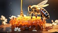 Vibrant realistic bee perched on honey pot. AI generated