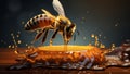 Vibrant realistic bee perched on honey pot. AI generated