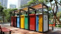 Vibrant recycling bins in city park, each for sorting diverse recyclable materials. Royalty Free Stock Photo
