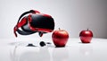 vibrant red apple immersed in virtual reality (VR) experiences with a headset.