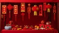 Chinese New Year decorations with red lanterns and festive table setting Royalty Free Stock Photo
