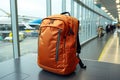 Vibrant red backpack accompanies a traveler in the bustling airport