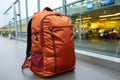 Vibrant red backpack accompanies a traveler in the bustling airport