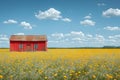 Vibrant Red Barn in a Field of Yellow Wildflowers under a Clear Blue Sky Generative AI Royalty Free Stock Photo