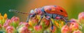 Vibrant red beetle on a delicate flower petal with blurred warm background in tranquil setting Royalty Free Stock Photo