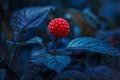 Vibrant red berry in a dark, moody forest