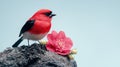 Vibrant red bird perched on rock with pink flower Royalty Free Stock Photo