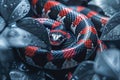 Vibrant Red and Black Milk Snake Coiled on Lush Green Foliage with Dew Drops Wildlife and Nature Photography