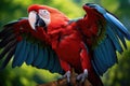 A vibrant red and blue parrot sits gracefully atop a tree branch, displaying its colorful plumage, green winged macaw, AI Royalty Free Stock Photo