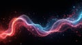 Vibrant red and blue particle waves flowing on dark background with glowing abstract motion and shimmering dynamic light effects. Royalty Free Stock Photo