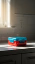 Red and Blue Lunchbox on a Modern Kitchen Countertop with Natural Light Royalty Free Stock Photo