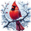 A vibrant red cardinal bird perched on a snow-covered branch with berries Royalty Free Stock Photo