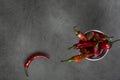 Vibrant red chili pepper isolated on a dark background