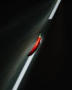 Vibrant red chili pepper lies on a table illuminated by a warm sunbeam