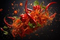 Vibrant Red chili peppers with juicy splashes. Generate ai