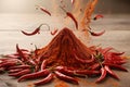 Vibrant red chili peppers and powder create a dynamic scene of spice and flavor on a rustic surface Royalty Free Stock Photo