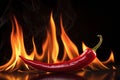 Vibrant Red Chilli Burning Pepper on Black Backdrop with Intense Fire Flames Royalty Free Stock Photo