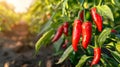 Vibrant red chilli peppers maturing in a healthy greenhouse environment, glossy and crisp appearance