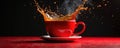 Vibrant red coffee cup creates dynamic splash effect. Hot beverage captured mid-motion, energy, excitement. Shiny ceramic surface Royalty Free Stock Photo