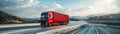 Vibrant red container truck symbolizing efficient logistics on highway road.