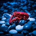 Vibrant Red Crayfish Resting on Smooth Blue and White Pebbles Underneath a Deep Blue Light Royalty Free Stock Photo