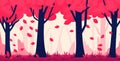 A vibrant, red D cartoon forest background perfect for a simple video game, featuring textured dark trees and whimsical patterns