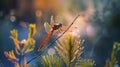 Red Dragonfly Resting on Tree Branch Royalty Free Stock Photo