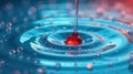 Vibrant red droplet impacting a tranquil blue surface, creating concentric ripples and tiny bubbles a mesmerizing study in Royalty Free Stock Photo