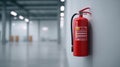 A vibrant red fire extinguisher hangs prominently on a wall inside a spacious warehouse. Royalty Free Stock Photo