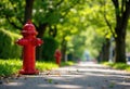 A vibrant red fire hydrant stands on a sunny sidewalk surrounded by greenery Royalty Free Stock Photo